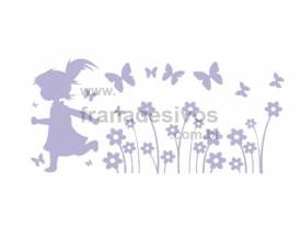 Cartela - Menina correndo nas flores com borboletas