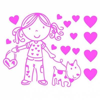 Adesivo de Parede Cartelas Menina, cachorro e corações