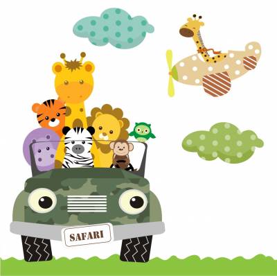 Adesivo de Parede Infantil Safári Baby em Carrinho