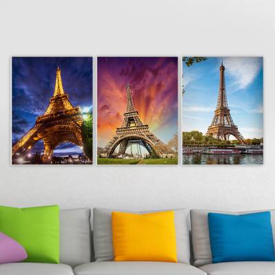 Conjunto de 3 Quadros Decorativos Torre Eiffel