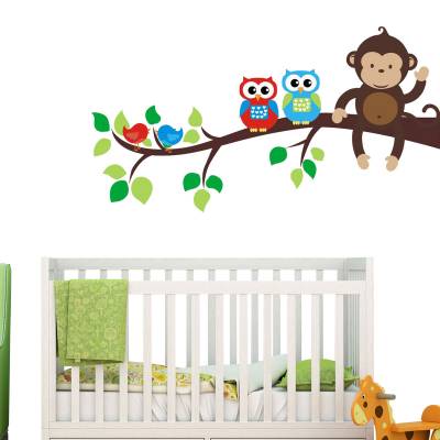 Adesivo De Parede Infantil Macaquinho No Galho e Corujas