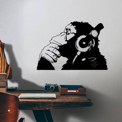 Adesivo De Parede Macaco Chimpanzé Com Fone De Ouvido