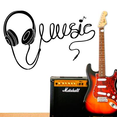 Adesivo De Parede Fone Com A Palavra Música