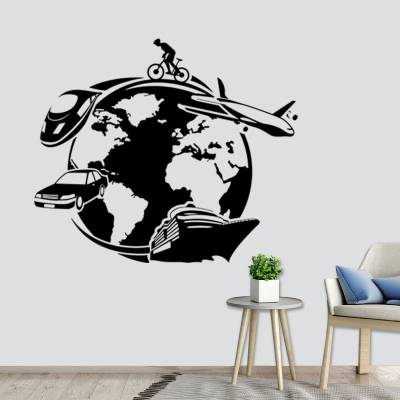 Adesivo de Parede Mapa Mundi Com Meios De Transportes Turismo