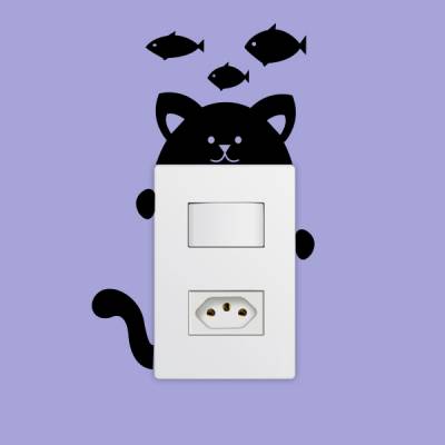 Adesivo de Parede para Interruptor Gatinho e Peixes