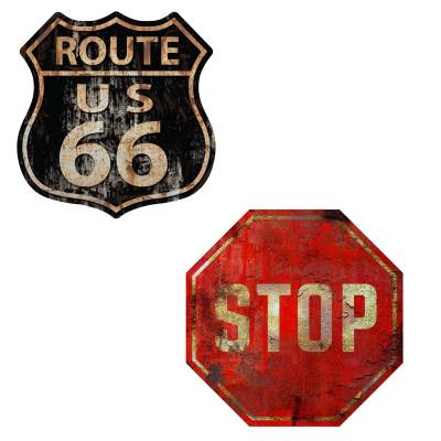 Kit 2 Placas Decorativas Route 66 Stop MDF